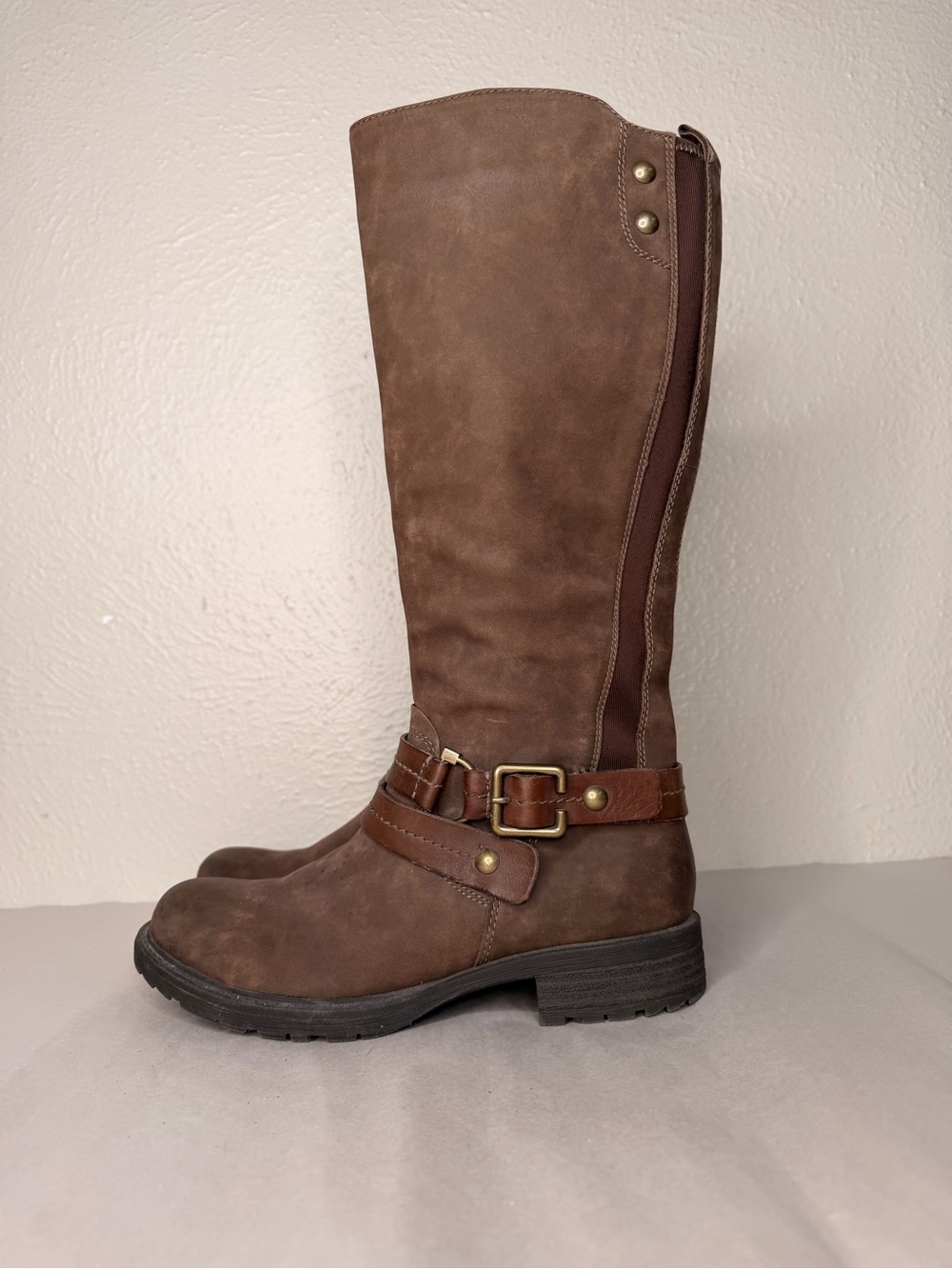 Earth Sierra brown harness strap tall riding boot suede